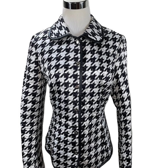 New Escada Large Houndstooth Print Silk Blend Jacket Ger 36 Leather Pockets - Picture 2 of 13